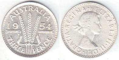 1954 Australia silver Threepence (EF) A002514